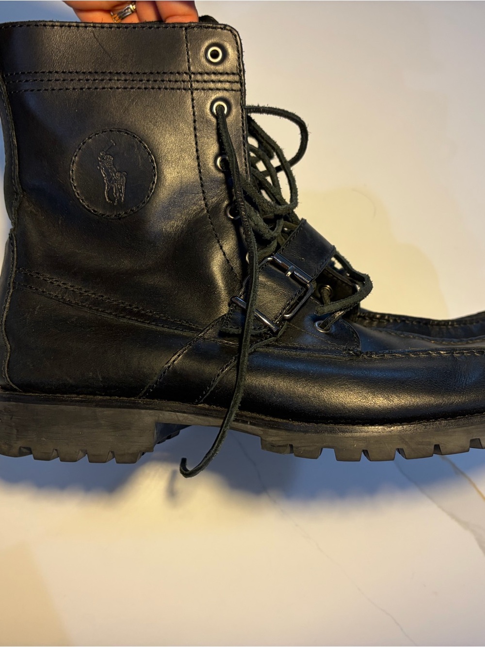 Polo by Ralph Lauren Black Leather Lace-Up Lug Sole Boot